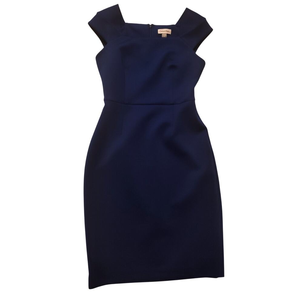 NWT Size 4 Royal Blue Calvin Klein Scuba Cap Sleeve Midi Dress Back Zipper